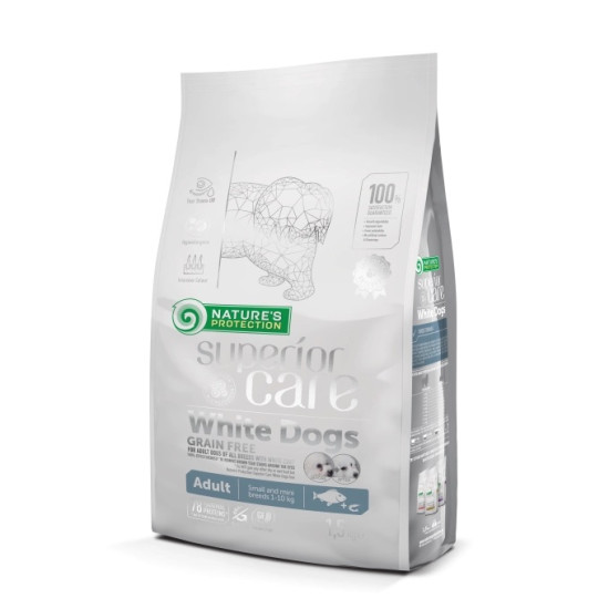 Superior Care White Dogs Grain Free Small & Mini Breeds Adult – hrană uscată fără cereale pentru câini adulți de talie mică și mini, cu pește alb, 1,5 kg